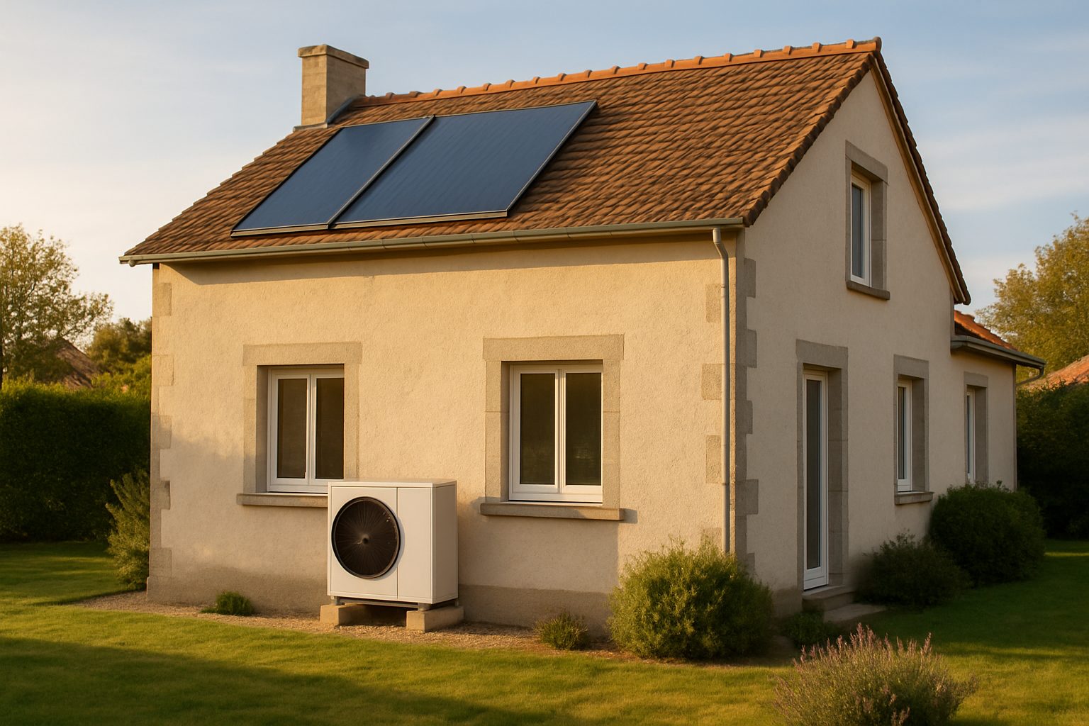 Maison individuelle rénovée : pompe à chaleur, capteurs solaires et menuiseries récentes