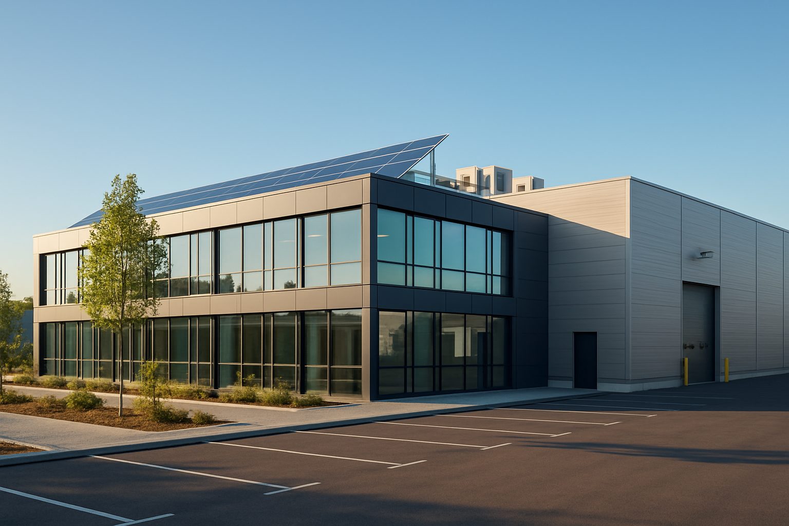 Bâtiment tertiaire moderne : bureaux, entrepôt, toiture solaire et équipements techniques