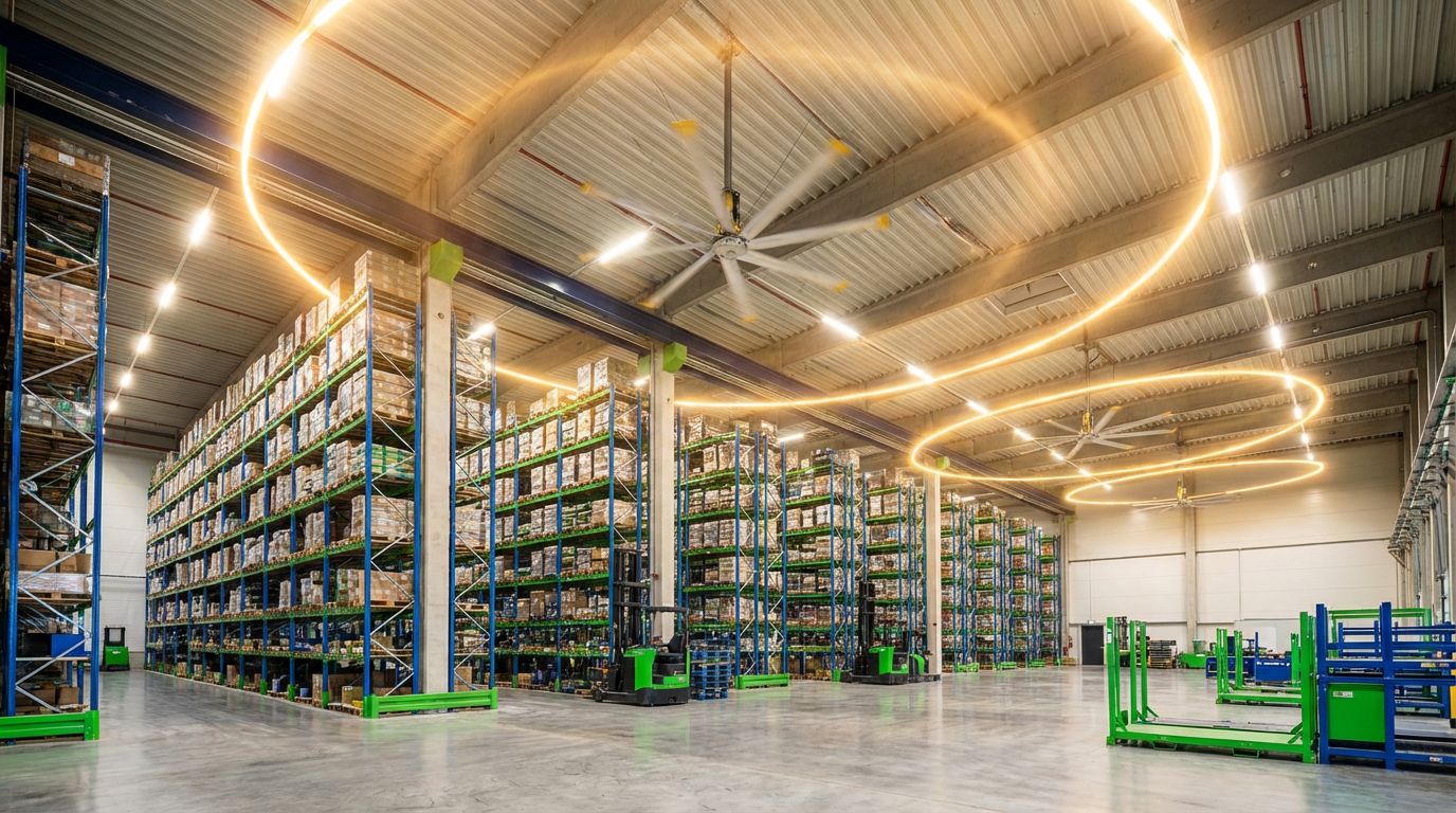 Entrepôt logistique équipé de déstratificateurs